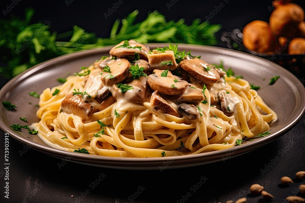 Close up side view of creamy Chicken Marsala Pasta with Parsley on a homemade plate Close up side view of creamy Chicken Marsala Pasta with Parsley on a homemade plate
