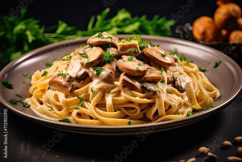 Close up side view of creamy Chicken Marsala Pasta with Parsley on a homemade plate