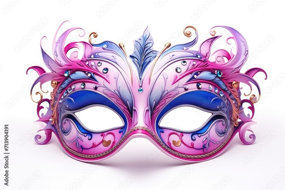 Mask decorated with pink and purple, standing out on white.
