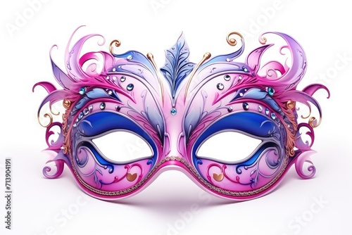 Mask decorated with pink and purple, standing out on white.