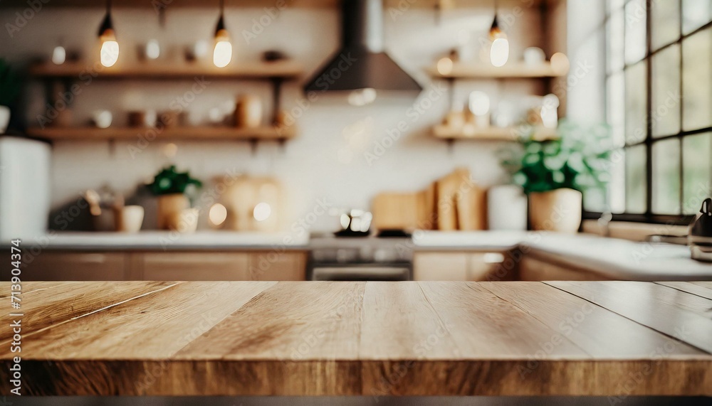 © Turan - Empty beautiful wood table top counter and blur bokeh modern kitchen interior background