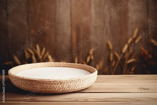 Empty straw basket on a wooden table with white linen a template for food advertisement