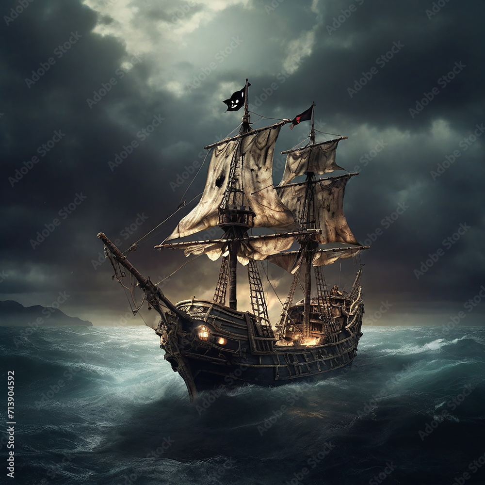 Fototapeta premium A historic black pirate ship at sea ai generative art