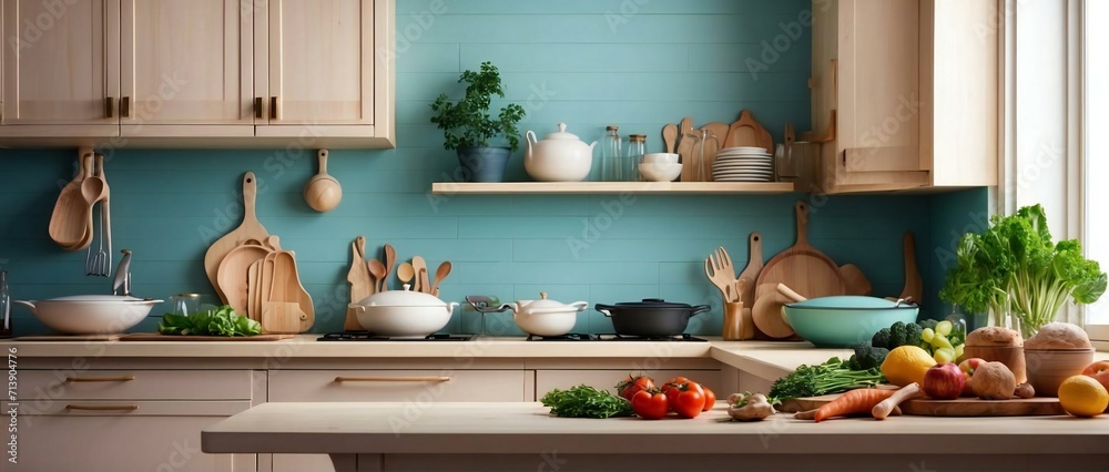 Simple kitchen background, with a mix of soft colors, for architectural, banner or web needs