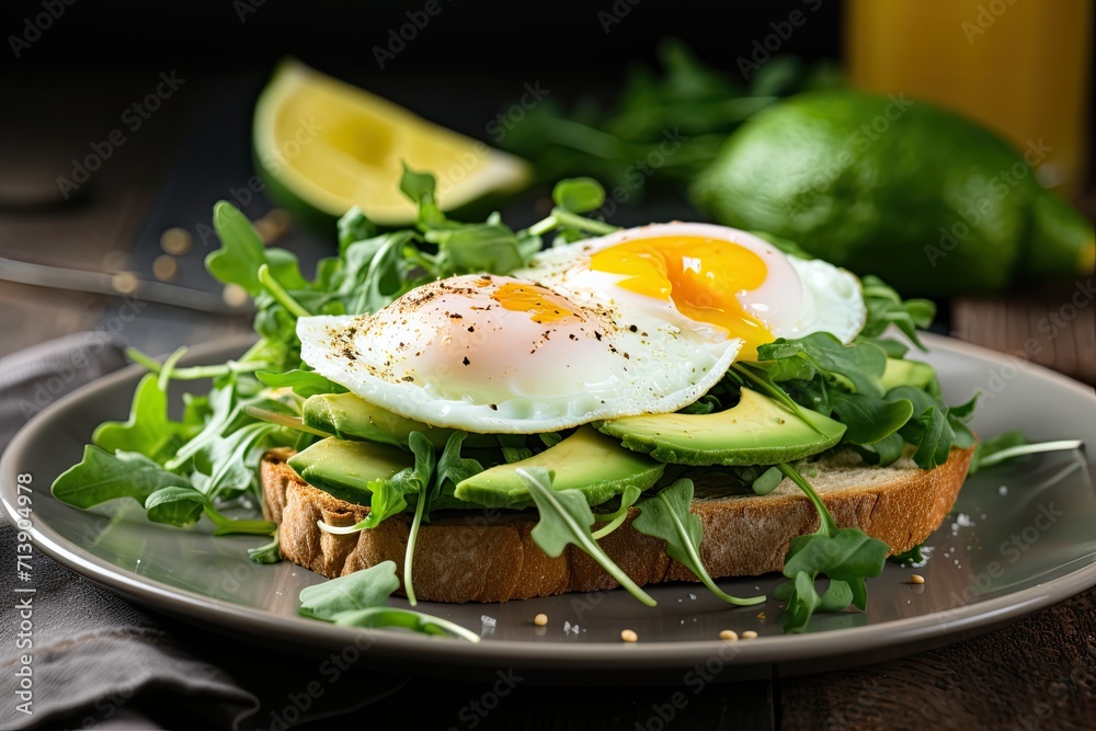 Healthy breakfast or snack with avocado egg and arugula on toast Healthy breakfast or snack with avocado egg and arugula on toast