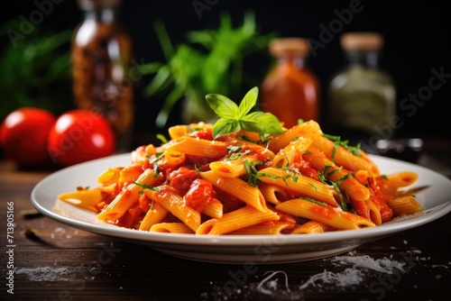 Spicy Italian Penne Pasta with Tomato and Herbs on a White Plate on a Wooden Table