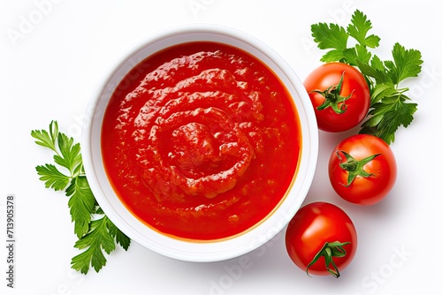 Top view of delicious homemade tomato sauce in a bowl with a white background