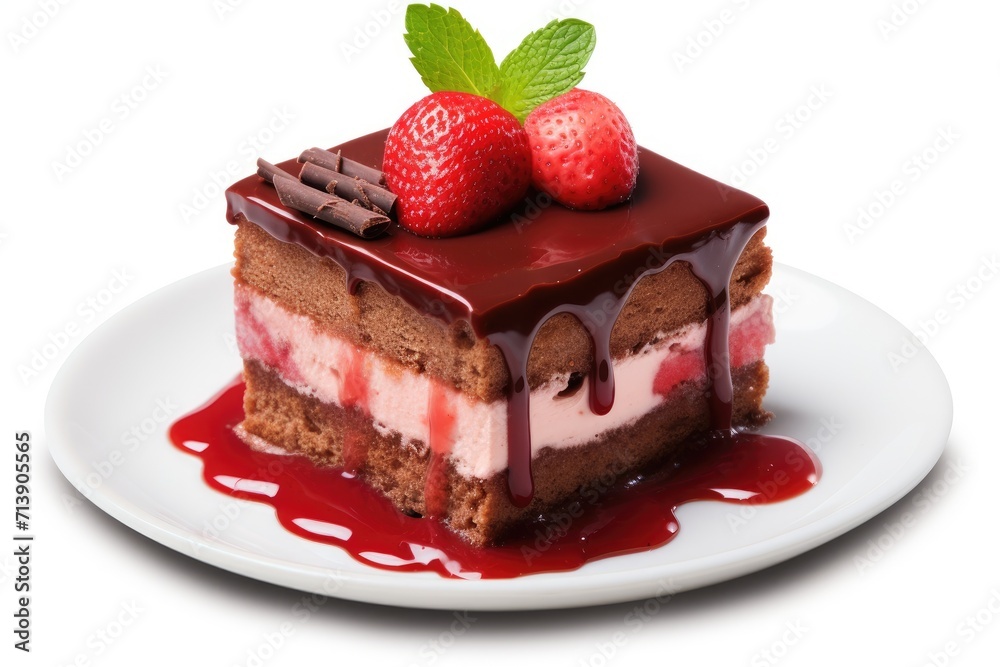 Close up of dessert with strawberry and chocolate syrup on white background Close up of dessert with strawberry and chocolate syrup on white background