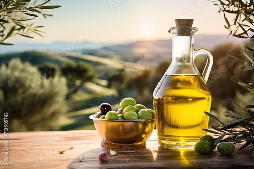 Olive oil in glass container on table with olives in field of olive trees bathed in sunlight