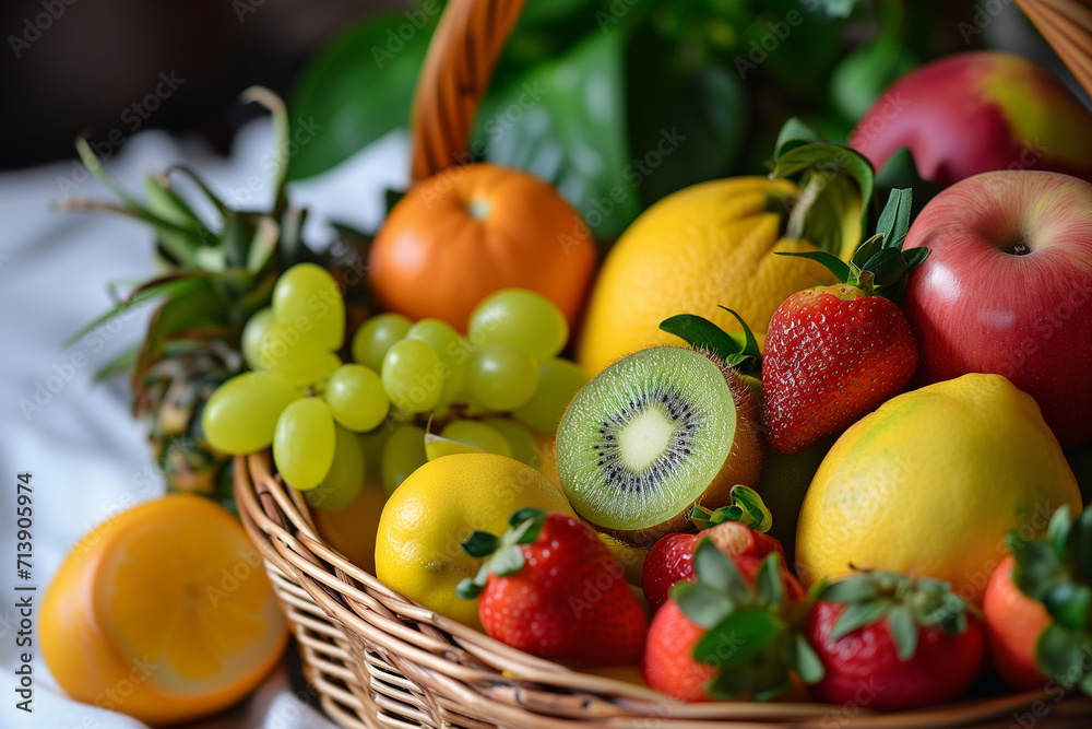 fruit basket. Different fresh vegetables for eating healthy. Fresh vegetables in basket. Assorted organic vegetables and fruits in wicker basket. Bowl of fresh fruit with apple, strawberries