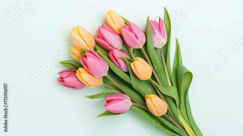 Vibrant Bouquet of colorful tulips. Festive flowers on a blue background. Easter and mothers day  International Women s Day