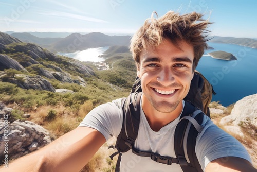 Young man with a backpack taking a selfie on a mountain © Denisa