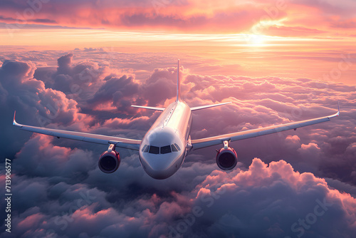 passenger jet in the clouds at sunset