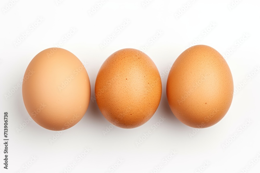 Overhead view of three eggs on a white surface Overhead view of three eggs on a white surface