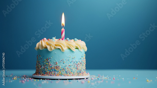 Joyful Birthday Celebration with Colorful Cake, Buttercream Frosting, and a Single Candle on a Plain Blue Background - Perfect for Greeting Cards and Promotional Content.
