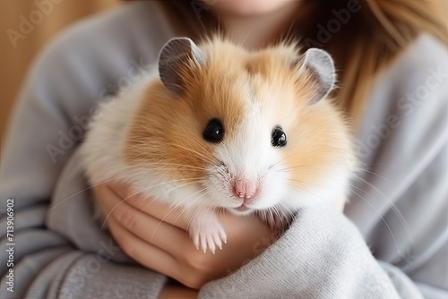 A child with a white tummy hamster looks at the camera, showcasing love for animals. © LimeSky