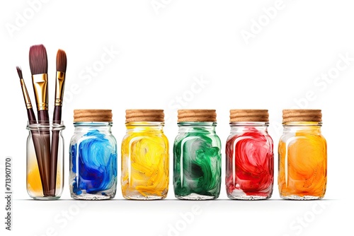 Art brushes in a glass jar on white background