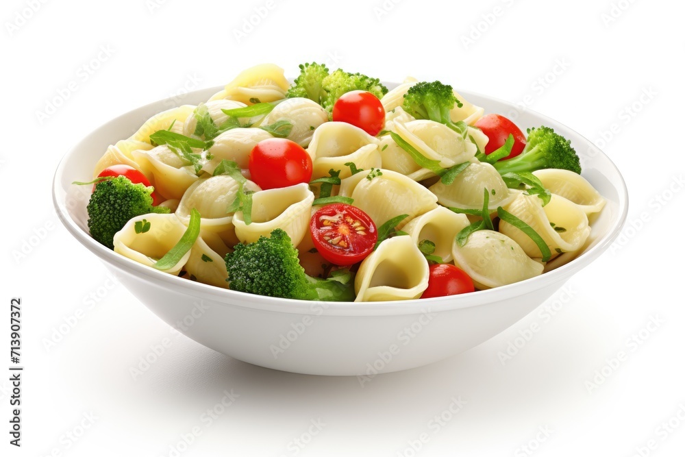 Delicious pasta with broccoli and cherry tomatoes white background