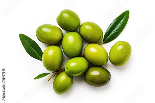 Wallpaper Mural Large green olives in olive oil with leaves isolated on white background viewed from above Torontodigital.ca