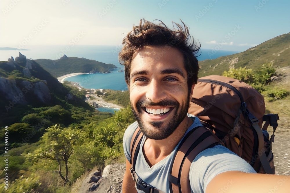 Young man with a backpack taking a selfie on a mountain