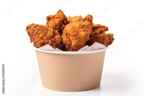 Deep fried chicken in paper bucket isolated on white background with clipping path