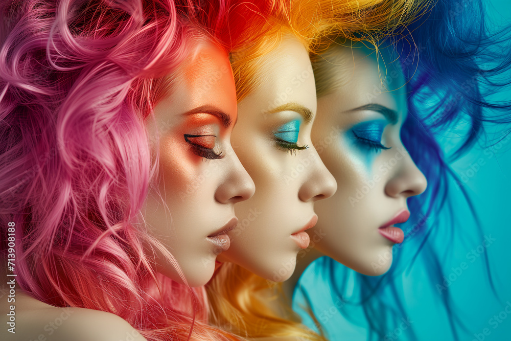 Three girls with closed eyes with makeup. Woman with bright makeup and bright hair with bright colors on her face. Lovely young girls with colored rainbow eyelashes, multi-color wig and bright makeup 