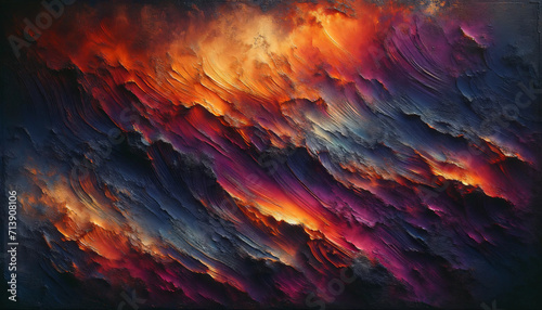 Abstract Gradient Fiery Textured Oil Painting.Dynamic abstract oil painting with bold fiery strokes and rich texture in vibrant shades of orange, red, and purple.Generative AI