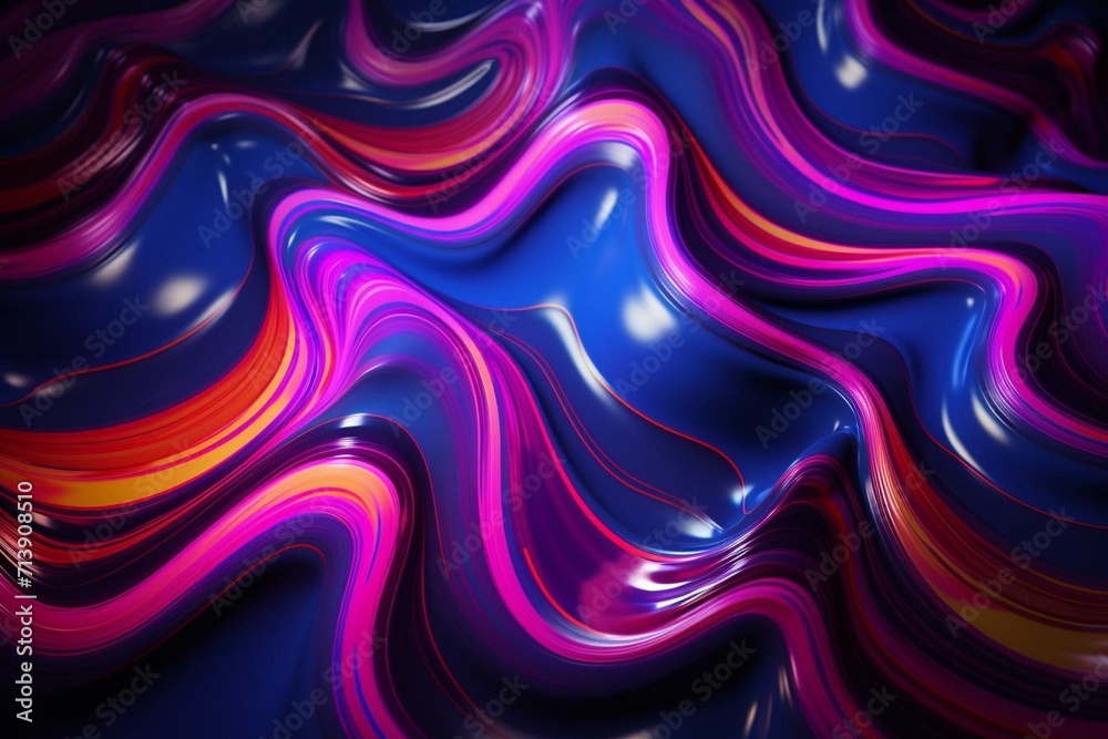 Dark background with colorful neon accents, forming ripples and swirls that resemble a glossy liquid texture. Generative AI