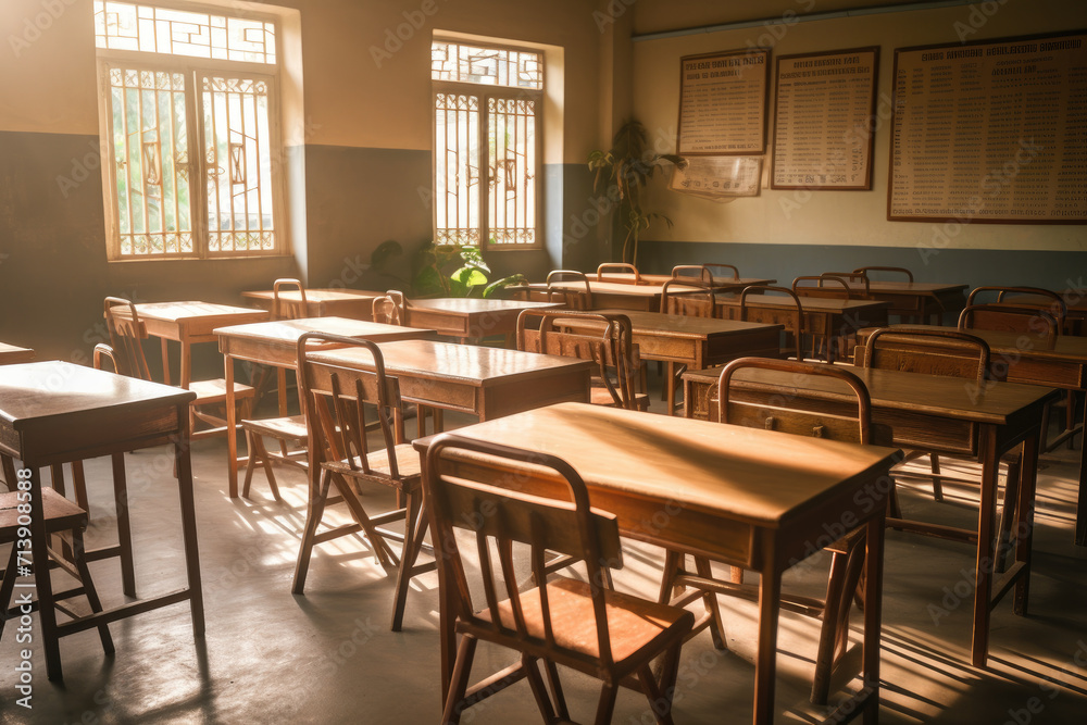 Empty school classroom in the sunlight, back to school. Generative ai