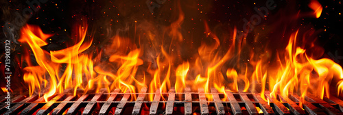 Barbecue Grill With Fire Flames - Empty Fire Grid On Black Background photo