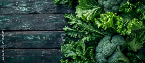 A vibrant array of green leafy vegetables and herbs, including mustard greens and broccoli, basking in the natural beauty of an outdoor garden on a rustic wooden surface photo