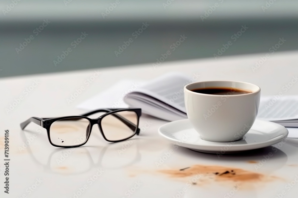 cup of coffee and notebook with a Glass cup of coffee and notebook with a Glass