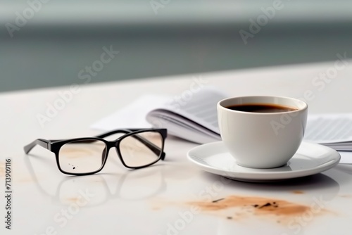 cup of coffee and notebook with a Glass