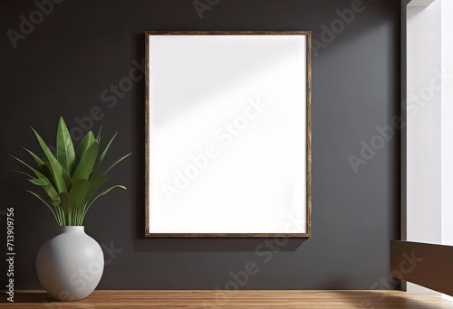 blank poster mockup (simple frame) hanging on wall in modern store interior,