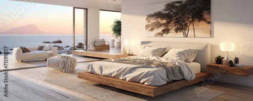 Banner with the minimalist; large space bedroom in natural light colors