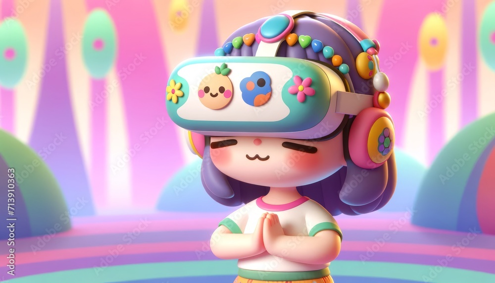 Smiling character in playful VR, sits in a dreamlike, striped background. The VR experience seems to bring peace and joy to the character. Smiling character in playful VR, sits in a dreamlike, striped background. The VR experience seems to bring peace and joy to the character.