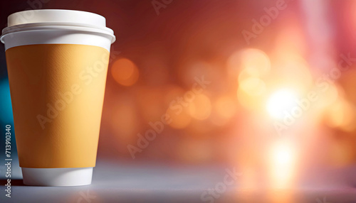 Close-up of a hand holding a paper cup with coffee, mockup illustration for design, photo