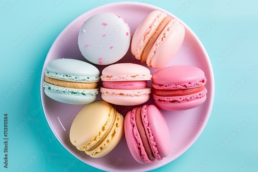 Fototapeta premium Colorful macarons on a turquoise pastel background viewed from above