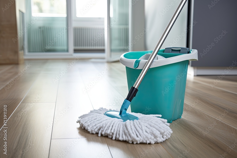 Fotografie Isolated mop and bucket on white background.