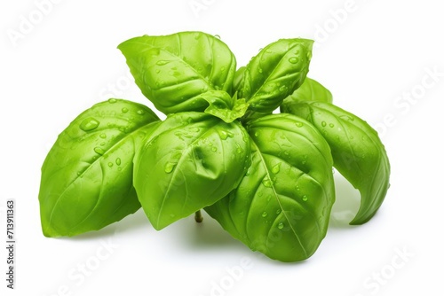 Damp basil leaves on a white background, isolated with a clipping path.