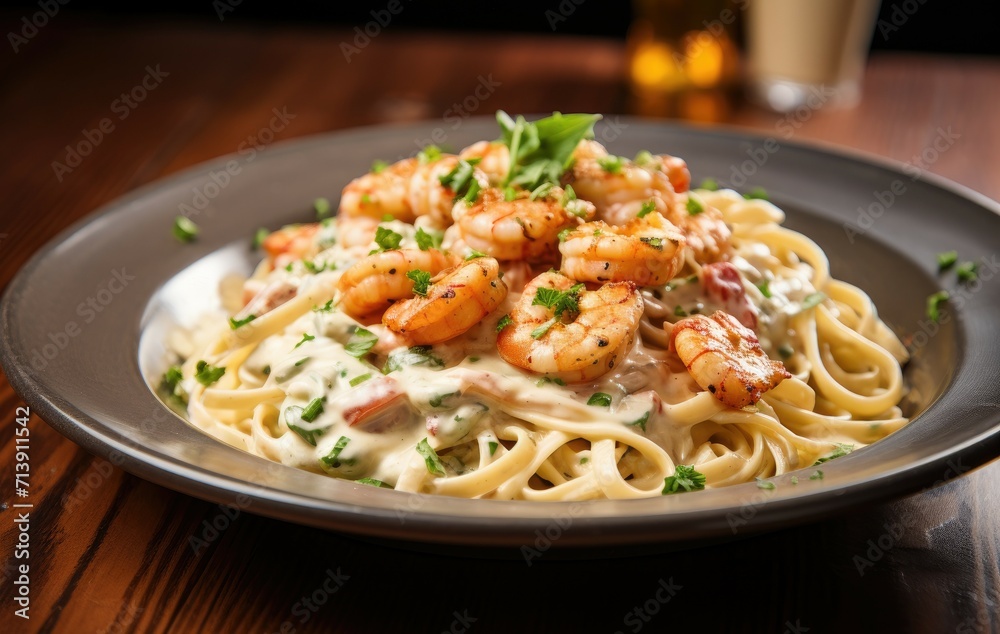 Delicious shrimp with garlic and cream sauce on pasta