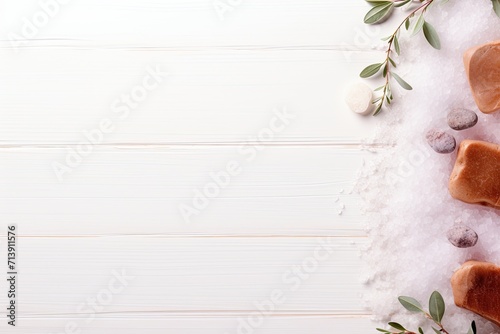 Minimalist concept of spa and wellness a wide banner displays organic Himalaya salt and a twig of fresh eucalyptus on white background