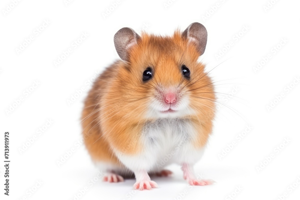 Exotic pet - beautiful isolated hamster on white background. House and toys for mice.
