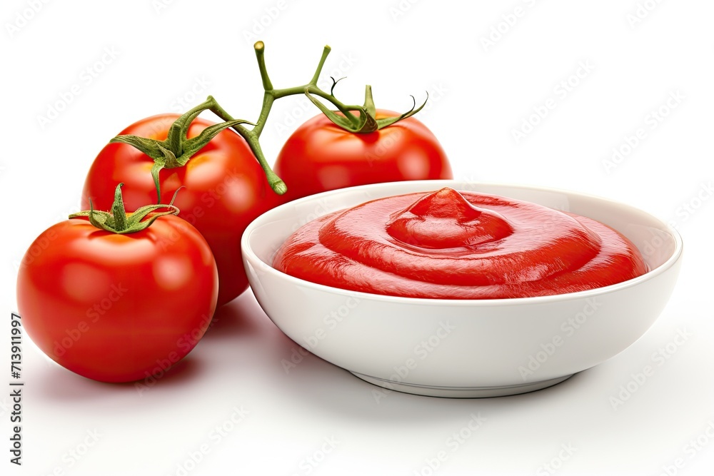 Packaged and designed ketchup with fresh tomatoes on white background Packaged and designed ketchup with fresh tomatoes on white background