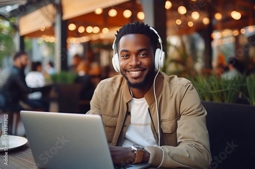 Smiling african man student wear headphone study online with skype teacher, happy young man learn language listen lecture watch webinar write notes look at laptop sit in cafe, distance education photo