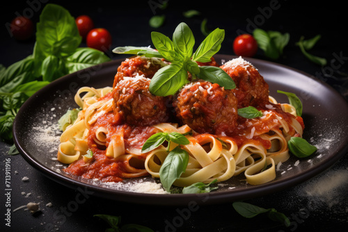 Fresh homemade pasta with meatballs and savory tomato sauce