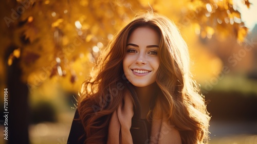 A woman smiling in an autumn park, captured in the style of Instagram with warm filters and tones