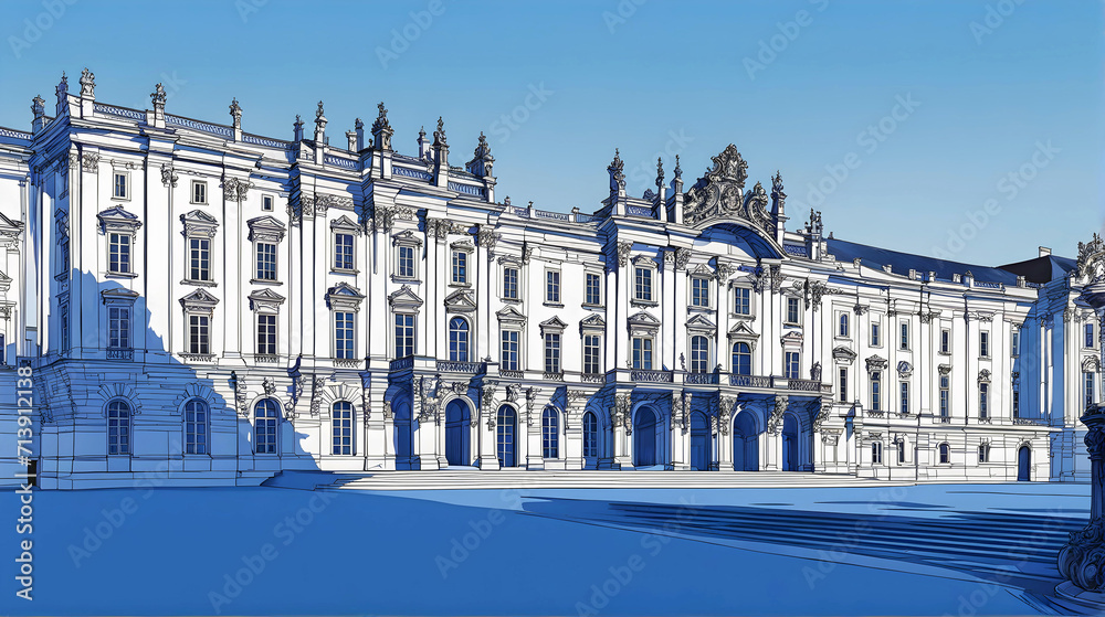 Vector color illustration, beautiful palace, architectural landmark of the 16th-18th century, isolated on a white background, graphic ink drawing.