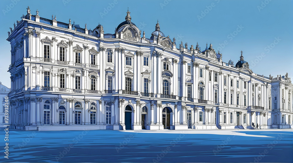 Vector color illustration, beautiful palace, architectural landmark of the 16th-18th century, isolated on a white background, graphic ink drawing.