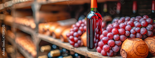A richly colored scene of a wine bottle with grapes in a traditional vineyard cellar, evoking the essence of winemaking.
 photo